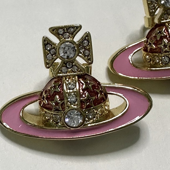 Sold out Vivienne Westwood  pink enamel sparkly crystal Saturn stud earrings - Picture 2 of 5